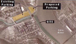 Satellite view of proposed Riverfront Park.   Shopping center parking in McKees Rocks across Chartiers Creek. Chartiers Greenway joins proposed park.
