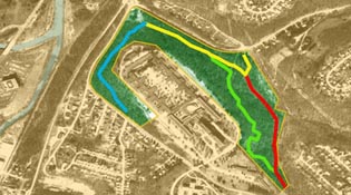 aerial view of Kane Woods (green) showing trails and proximity to Chartiers Creek at left edge of map